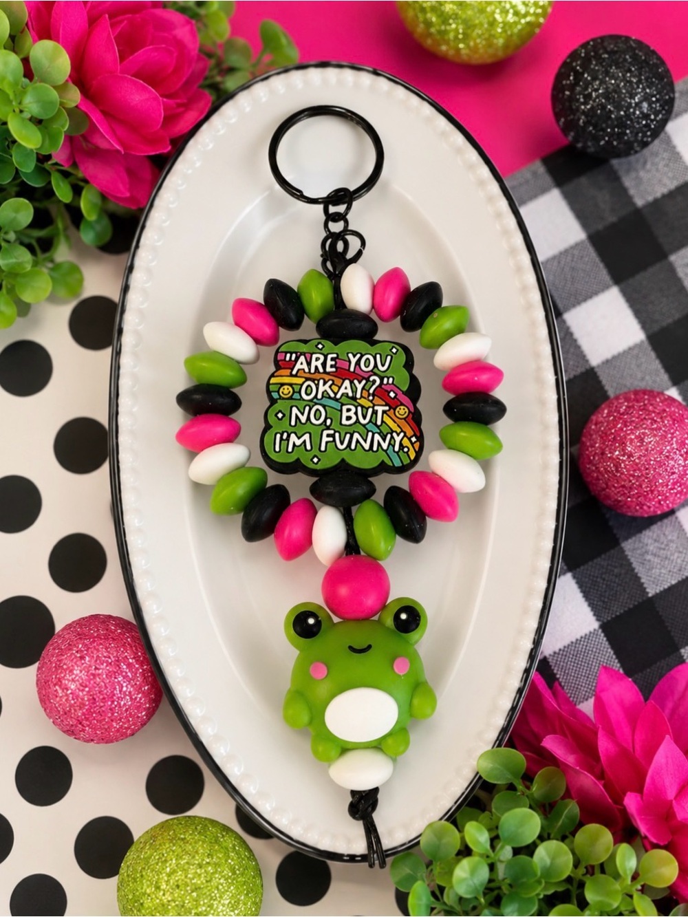 Hand Crafted Bright Pink Green Black White Frog Beaded Keychain